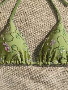 Costavie Summer Vacation Random Print Gold Shell Decor Halter Triangle Cup Bra Sexy One-Piece Swimwear Top - Mint Green - View 6