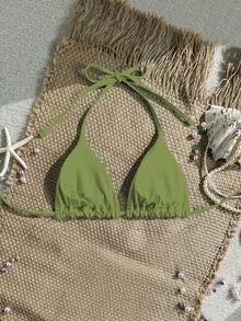 Costavie Summer Vacation Random Print Gold Shell Decor Halter Triangle Cup Bra Sexy One-Piece Swimwear Top - Mint Green - View 2