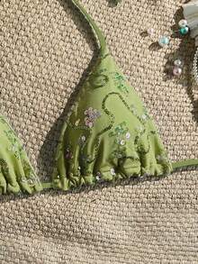 Costavie Summer Vacation Random Print Gold Shell Decor Halter Triangle Cup Bra Sexy One-Piece Swimwear Top - Mint Green - View 3