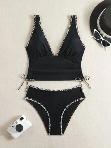Oceva 两件套女士夏季简约沙滩度假纯色豹纹饰边褶皱露脐上衣和高腰纯色豹纹饰边三角比基尼套装，女士沙滩装，黑色比基尼套装，高腰泳装套装，女士两件套泳衣，高腰比基尼套装，荷叶边比基尼套装 - 黑色 - 查看 7