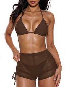 Oceva Plain Brown Mesh Fabric Sheer Regular Length Cover Ups For Women - Brown - View 2
