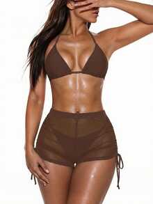 Oceva Plain Brown Mesh Fabric Sheer Regular Length Cover Ups For Women - Brown - View 9