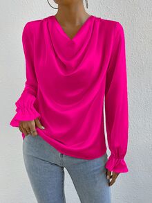 SHEIN 垂褶前荷叶边袖缎面衬衫、长袖上衣 - 玫紅色 - 查看 7