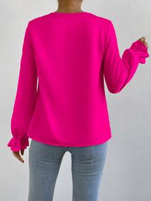 SHEIN 垂褶前荷叶边袖缎面衬衫、长袖上衣 - 玫紅色 - 查看 2