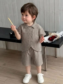 DAZY 男嬰條紋短袖上衣與長褲套裝 幼兒 - 淺灰色 - 查看 7