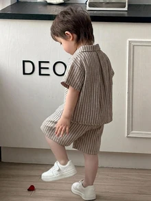 DAZY 男嬰條紋短袖上衣與長褲套裝 幼兒 - 淺灰色 - 查看 2