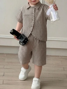 DAZY 男嬰條紋短袖上衣與長褲套裝 幼兒 - 淺灰色 - 查看 5