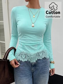 Lavishia 女款優雅秋季藍色V領圓領棉質長袖修身T恤，對比色蕾絲刺繡荷葉邊下擺上衣，百搭秋季上衣 - 綠色 - 查看 1