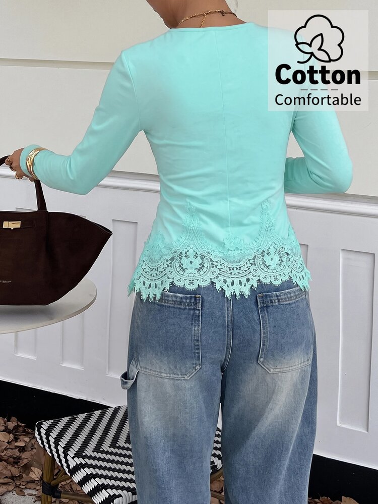 Lavishia Women's Elegant Autumn Blue V-Neck Round Neck Cotton Long Sleeve Slim Fit T-Shirt, Contrast Color Lace Embroidery Ruffle Hem Top, Versatile Autumn Top - Green - View 6