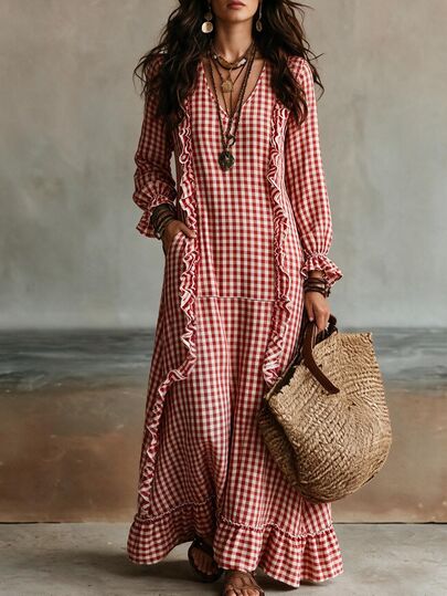 SHEIN Women's Red And White Small Check V-Neck Full Body Frill Trim Puff Long Sleeve Cinched Waist Full Skirt Vintage Long Dress, Ruffle Cuffs
