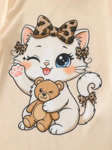 Tween Girl Tween Girl 2 Pieces Cat Print Pajama Set, Fitted, Blind Box Random 5 Sets, Send 1 Set - Apricot - View 4
