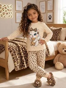 Tween Girl Tween Girl 2 Pieces Cat Print Pajama Set, Fitted, Blind Box Random 5 Sets, Send 1 Set - Apricot - View 5