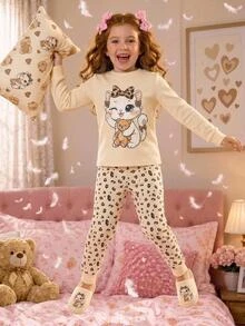 Tween Girl Tween Girl 2 Pieces Cat Print Pajama Set, Fitted, Blind Box Random 5 Sets, Send 1 Set - Apricot - View 13