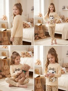 Tween Girl Tween Girl 2 Pieces Cat Print Pajama Set, Fitted, Blind Box Random 5 Sets, Send 1 Set - Apricot - View 7