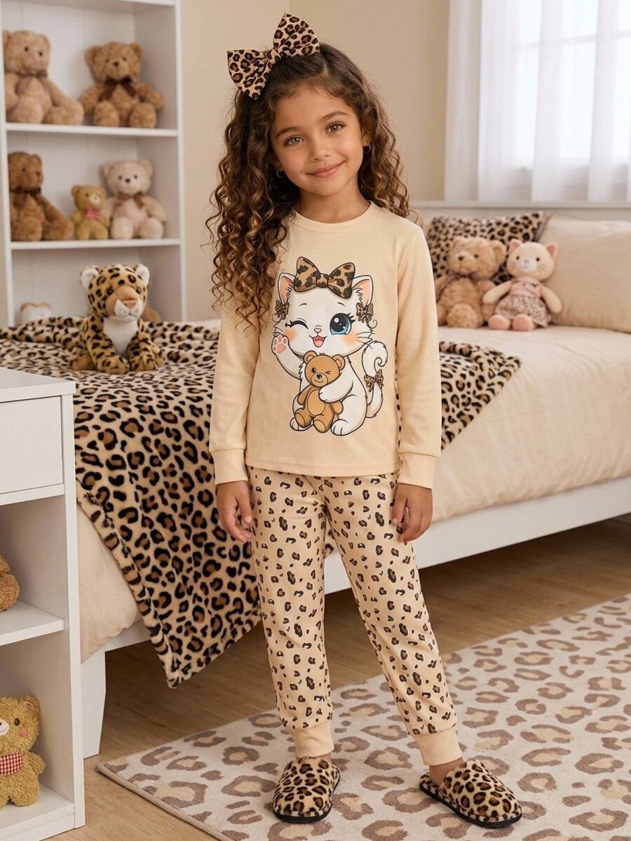 Tween Girl Tween Girl 2 Pieces Cat Print Pajama Set, Fitted, Blind Box Random 5 Sets, Send 1 Set - Apricot - View 1