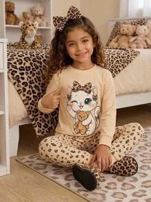 Tween Girl Tween Girl 2 Pieces Cat Print Pajama Set, Fitted, Blind Box Random 5 Sets, Send 1 Set - Apricot - View 3