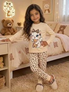 Tween Girl Tween Girl 2 Pieces Cat Print Pajama Set, Fitted, Blind Box Random 5 Sets, Send 1 Set - Apricot - View 9
