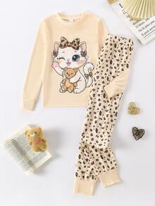 Tween Girl Tween Girl 2 Pieces Cat Print Pajama Set, Fitted, Blind Box Random 5 Sets, Send 1 Set - Apricot - View 2
