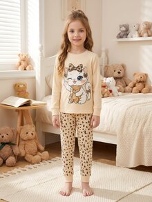 Tween Girl Tween Girl 2 Pieces Cat Print Pajama Set, Fitted, Blind Box Random 5 Sets, Send 1 Set - Apricot - View 11