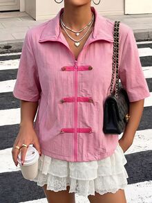 Soleia Button Detail Zip Up Jacket - Pink - View 1