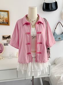 Soleia Button Detail Zip Up Jacket - Pink - View 5