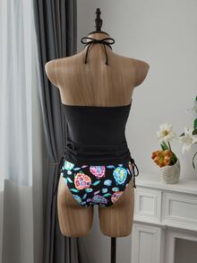 SHEIN Swim Summer Beach Women Cartoon Turtle Printed Vacation Side Drawstring Halter Neck Top And Triangle Bottom Tankini Set - Multicolor - View 3