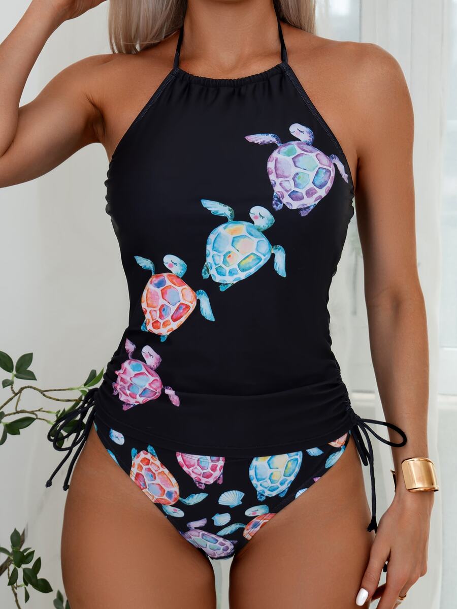 SHEIN Swim عباءة سباحة صيفية بطبعة سلحفاة كرتونية للسيدات مع ملابس علوية بأربطة جانبية وربطة عنق على شكل مثلث واسفل بيكيني. - متعدد الألوان - مشاهدة 1