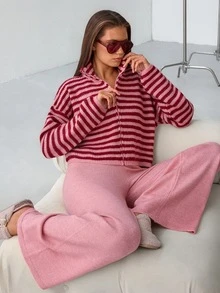 SHEIN طقم 2 قطعة كارديجان وكنزة بياقة عالية وسحاب وأكمام طويلة بقصة فضفاضة مع بنطال، وردي فاتح مخطط، للاسترخاء والكاجوال - عنابي اللون - مشاهدة 6