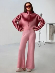 SHEIN طقم 2 قطعة كارديجان وكنزة بياقة عالية وسحاب وأكمام طويلة بقصة فضفاضة مع بنطال، وردي فاتح مخطط، للاسترخاء والكاجوال - عنابي اللون - مشاهدة 7
