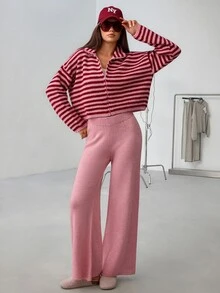 SHEIN طقم 2 قطعة كارديجان وكنزة بياقة عالية وسحاب وأكمام طويلة بقصة فضفاضة مع بنطال، وردي فاتح مخطط، للاسترخاء والكاجوال - عنابي اللون - مشاهدة 2