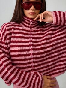 SHEIN طقم 2 قطعة كارديجان وكنزة بياقة عالية وسحاب وأكمام طويلة بقصة فضفاضة مع بنطال، وردي فاتح مخطط، للاسترخاء والكاجوال - عنابي اللون - مشاهدة 10