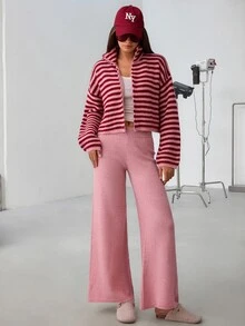 SHEIN طقم 2 قطعة كارديجان وكنزة بياقة عالية وسحاب وأكمام طويلة بقصة فضفاضة مع بنطال، وردي فاتح مخطط، للاسترخاء والكاجوال - عنابي اللون - مشاهدة 3