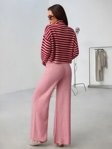 SHEIN طقم 2 قطعة كارديجان وكنزة بياقة عالية وسحاب وأكمام طويلة بقصة فضفاضة مع بنطال، وردي فاتح مخطط، للاسترخاء والكاجوال - عنابي اللون - مشاهدة 8
