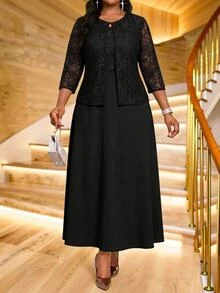Fleurora 大尺碼女款純色洋裝開襟衫休閒優雅2件套，黑色夏季婚禮晚宴正式穿著 - 黑色 - 查看 6