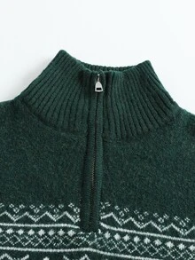 Manfinity Homme 男士秋冬聖誕元素長袖高領針織毛衣 半開胸四分之一拉鍊套頭衫 - 墨綠色 - 查看 3
