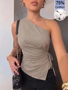 Aloruh 極簡通勤風春夏新款單肩條紋修身杏色抓皺繫帶女款短版襯衫 - 摩卡棕 - 查看 2