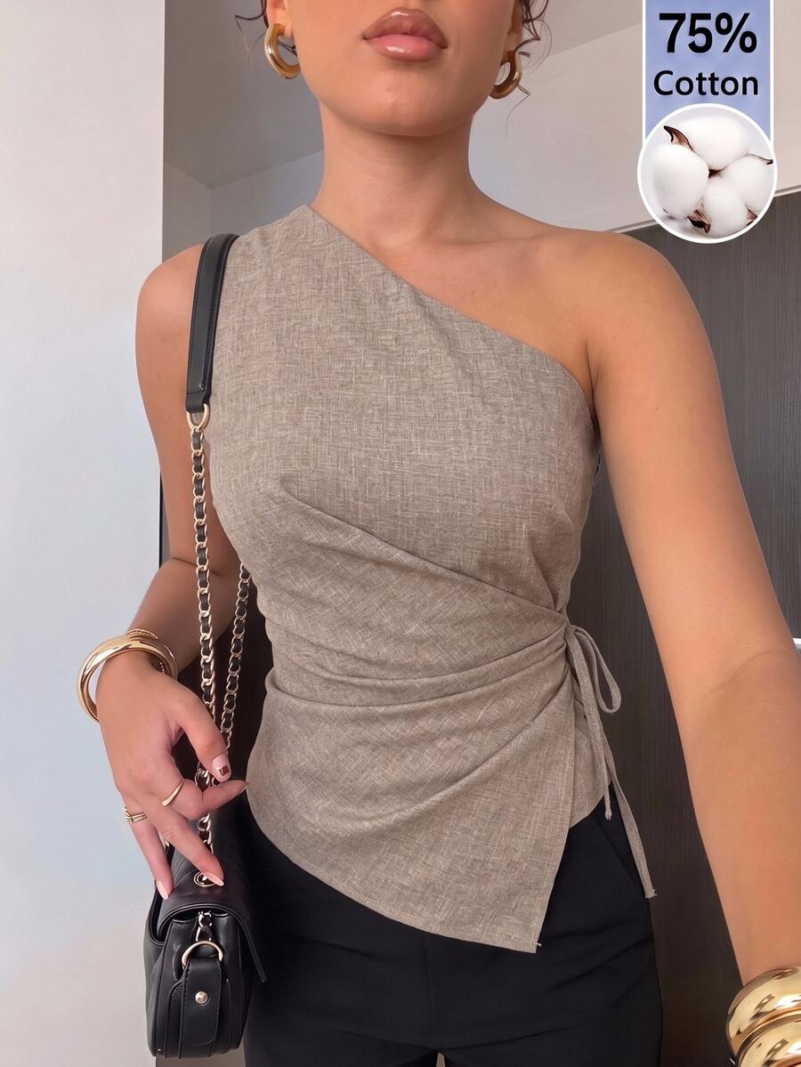 Aloruh Minimalist Commuter Spring/Summer New Style One Shoulder Striped Fitted Apricot Striped Ruched Tie-Up Women's Short Blouse - Mocha Brown - View 1