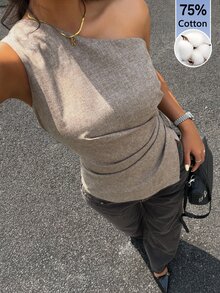 Aloruh 極簡通勤風春夏新款單肩條紋修身杏色抓皺繫帶女款短版襯衫 - 摩卡棕 - 查看 4