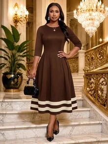 SHEIN Lady Đầm nữ size lớn cổ tròn, eo chiết, xếp ly, phối màu tương phản, gấu sọc ngang, tay lỡ - màu nâu - Xem 4