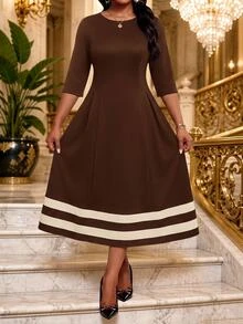 SHEIN Lady Đầm nữ size lớn cổ tròn, eo chiết, xếp ly, phối màu tương phản, gấu sọc ngang, tay lỡ - màu nâu - Xem 6