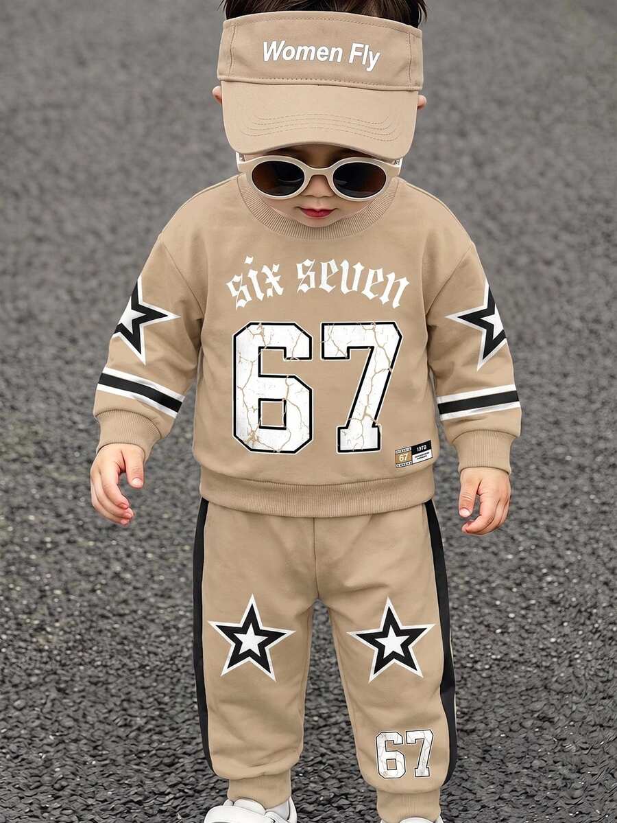 Setelan Olahraga Kasual Longgar Nyaman untuk Anak Laki-Laki, Lengan Panjang dan Celana 2 Potong, Cocok untuk Musim Gugur/Dingin, Motif Petir Klasik Tampan dan Keren, Motif Angka 67 Klasik, Motif Enam dan Tujuh, Cocok untuk Olahraga - MultiWarna - View 1