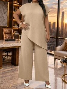 SHEIN Lady Plus Size Women's Solid Color Casual Daily Wear Top - Apricot - View 3