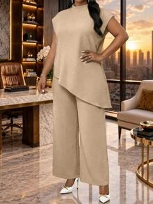 SHEIN Lady Plus Size Women's Solid Color Casual Daily Wear Top - Apricot - View 4