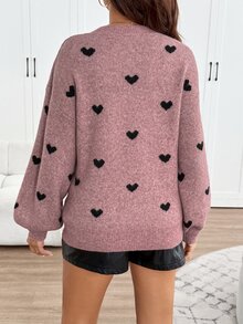 SHEIN Maternity Heart Pattern Cold Shoulder Long Sleeve Casual Sweater - Pink - View 2