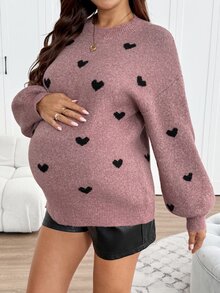 SHEIN Maternity Heart Pattern Cold Shoulder Long Sleeve Casual Sweater - Pink - View 7