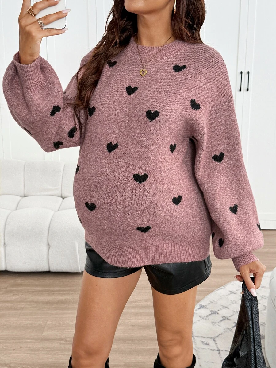 SHEIN Maternity Heart Pattern Cold Shoulder Long Sleeve Casual Sweater - Pink - View 1