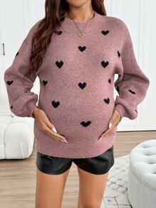 SHEIN Maternity Heart Pattern Cold Shoulder Long Sleeve Casual Sweater - Pink - View 4