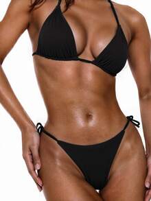 Swim Basics Women Solid Color Sexy Strap Bikini 2 Pieces Swimwear Set For Summer Beach Vacation - Black - View 3