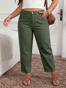 EMERY ROSE Women's Plus Size Solid Color High Waist Fashionable Jeans Formal Sage Green Summer Casual - Green - View 6