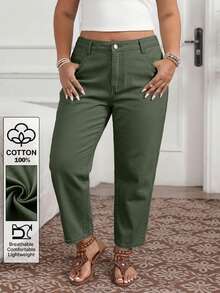EMERY ROSE Women's Plus Size Solid Color High Waist Fashionable Jeans Formal Sage Green Summer Casual - Green - View 1